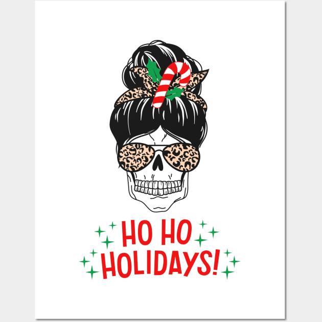 Red and Black Illustration Skull Messy Bun Merry Christmas T-shirt Wall Art by ACH PAINT